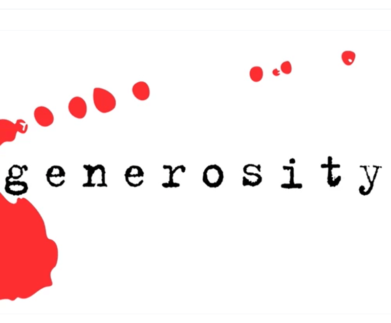 A red ink blot with a stepping stone pattern leading to the word 'generosity' in lowercase black letters.