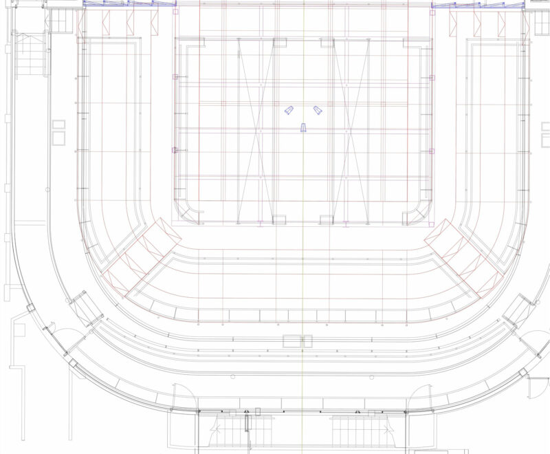 Technical blueprint of a stadium layout.