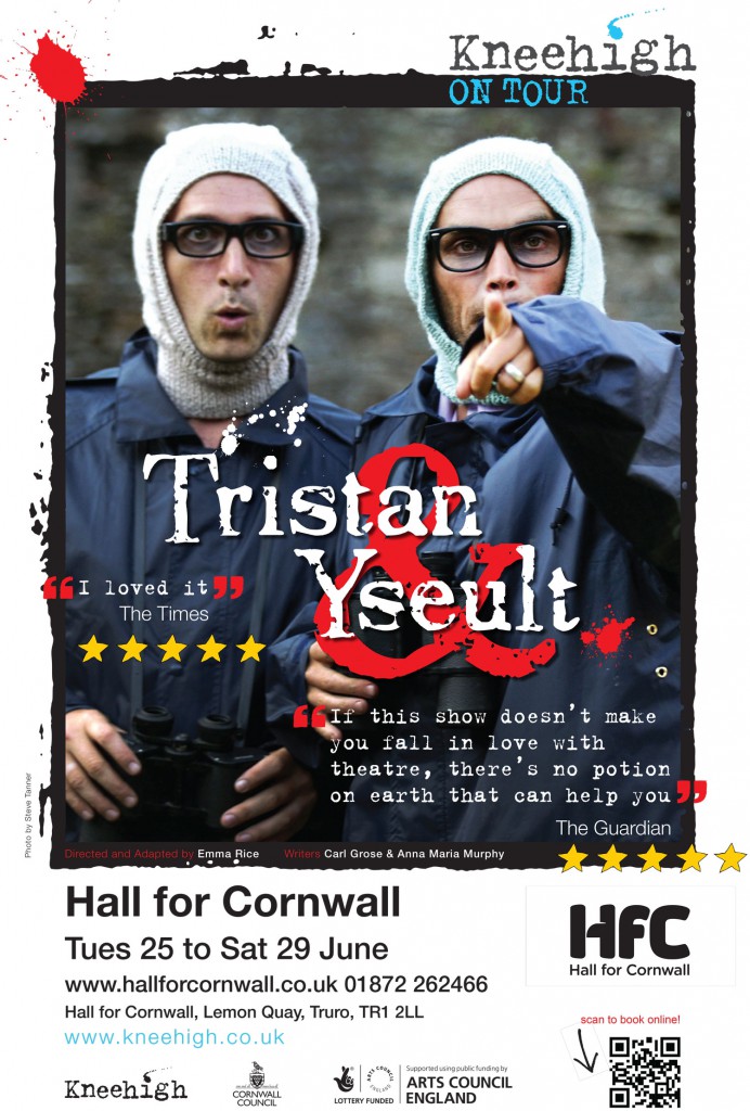 Poster for Tristan & Yseult at the Hall for Cornwall, featuring two mean in balaclavas and anoraks wearing dark rimmed glasses.