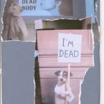 A collage with a dog holding a sign saying i'm dead.