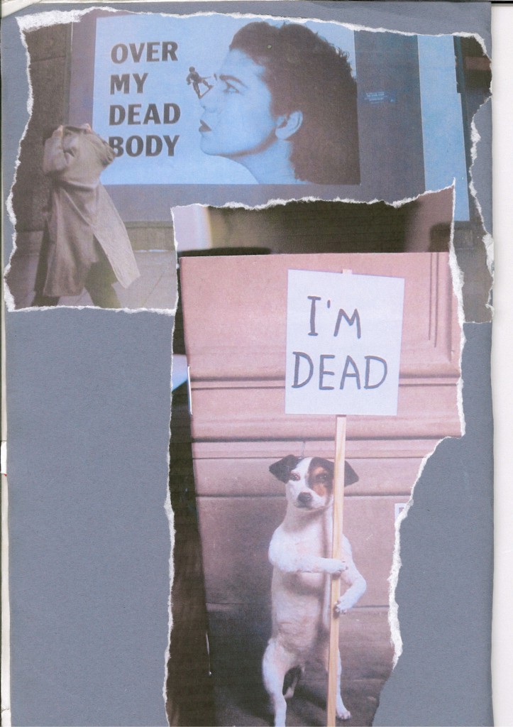 A collage with a dog holding a sign saying i'm dead.