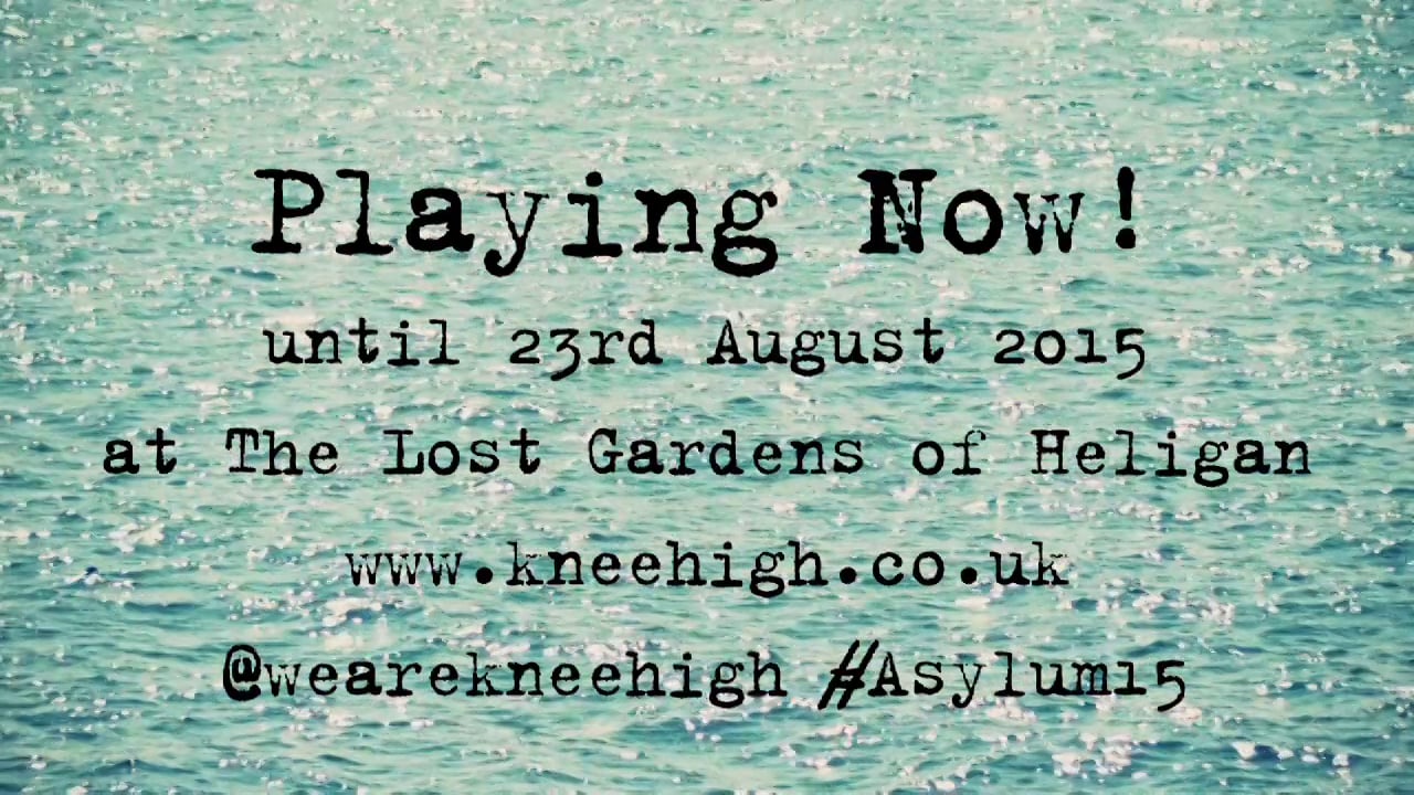 Performance announcement for 'playing now!' at the lost gardens of heligan until august 23rd, 2015, with website and social media hashtag details.