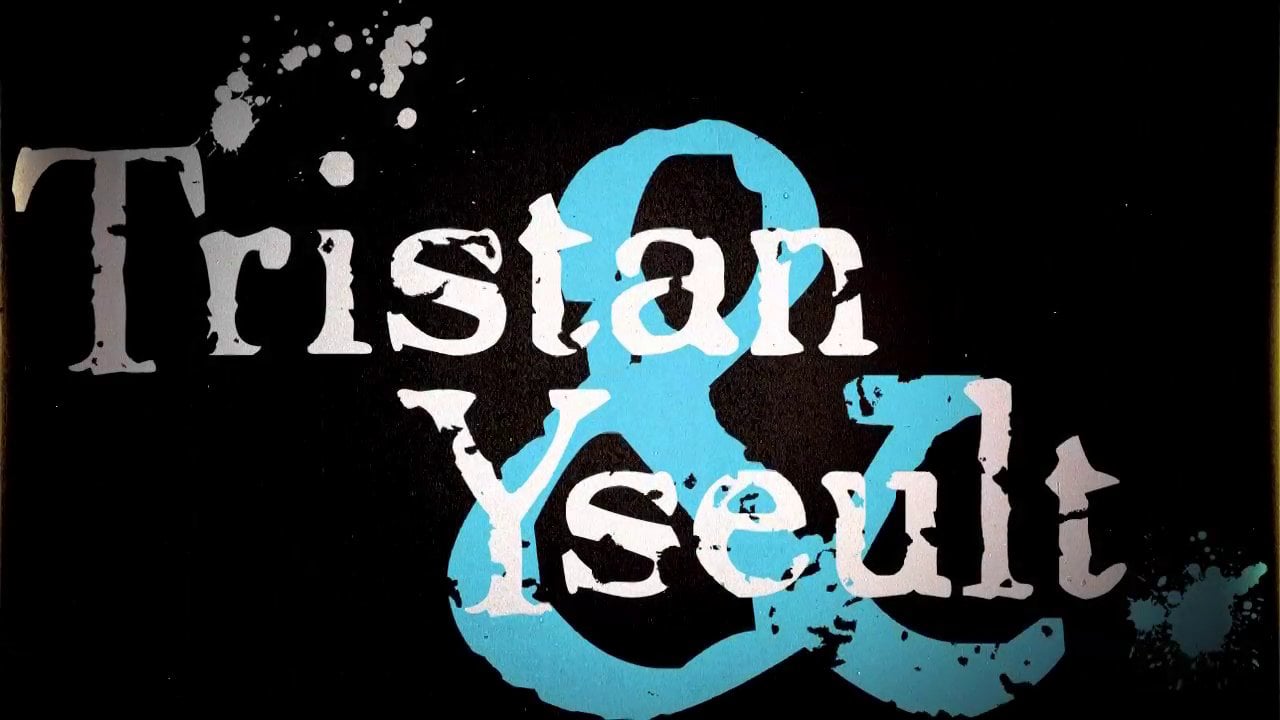 A stylized graphic with the names 'tristan & yseult' in white and teal against a black background with splatter details.