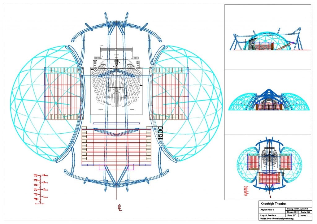 Architectural blueprint of a theatre including floor plan, sectional views, and elevation representations.
