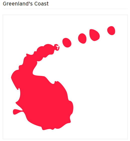A red mark which looks like a splash of red ink is positioned in the centre of the frame, with four small dotes spraying out from the top. Above the red mark in the top left corner is written 'Greenland's Coast' in a simple and small black font.