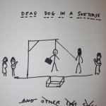 Child's drawing of a scene titled 'dead dog in a suitcase' with simplistic stick figures.