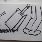 Sketch of a person pulling a suitcase with the word 'blood' and an arrow pointing to a spot on the ground.