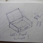 Sketch of an open suitcase with a rough drawing of a dog and the words 'coffin shaped suitcase?' written underneath.