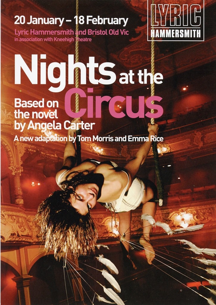 Promotional poster for the theatrical adaptation of 'nights at the circus,' featuring a performer in a dynamic, gravity-defying pose.