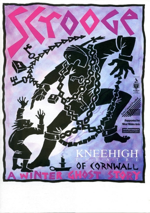 Lino-cut style design featuring the black silhouette of a large man in chains, with a small man beside him. Pink and purple angular text 'Scrooge' at top of poster. A watercolour style blue-purple background. 