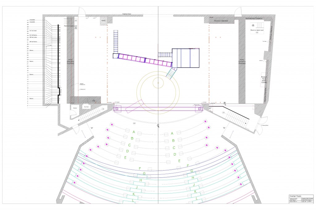Featured image for 'Tristan & Yseult – Technical Plans of the Alley Theatre, Houston'. The image features a top down blueprint for an internal theatre. Their are green bold letters in the audience section to denote the seating rows and purple and yellow shapes on the stage to denote props used in the production of Tristan and Yseult.