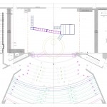 Featured image for 'Tristan & Yseult – Technical Plans of the Alley Theatre, Houston'. The image features a top down blueprint for an internal theatre. Their are green bold letters in the audience section to denote the seating rows and purple and yellow shapes on the stage to denote props used in the production of Tristan and Yseult.