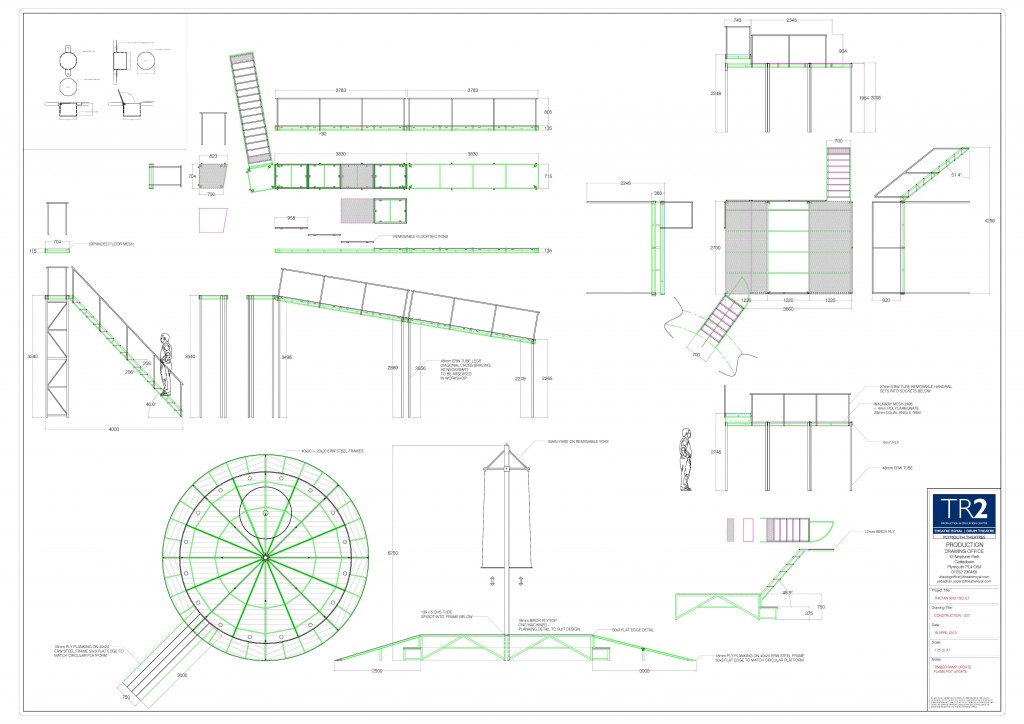 Featured image for 'Tristan & Yseult – Construction Proposal'. Image is a white page of 2D drawings for props and stage settings to be used in the production. The drawings include items including a round stage, staircase, ladders and walkways. They are drawn with bright green and black lines with grey filling large areas of the designs.