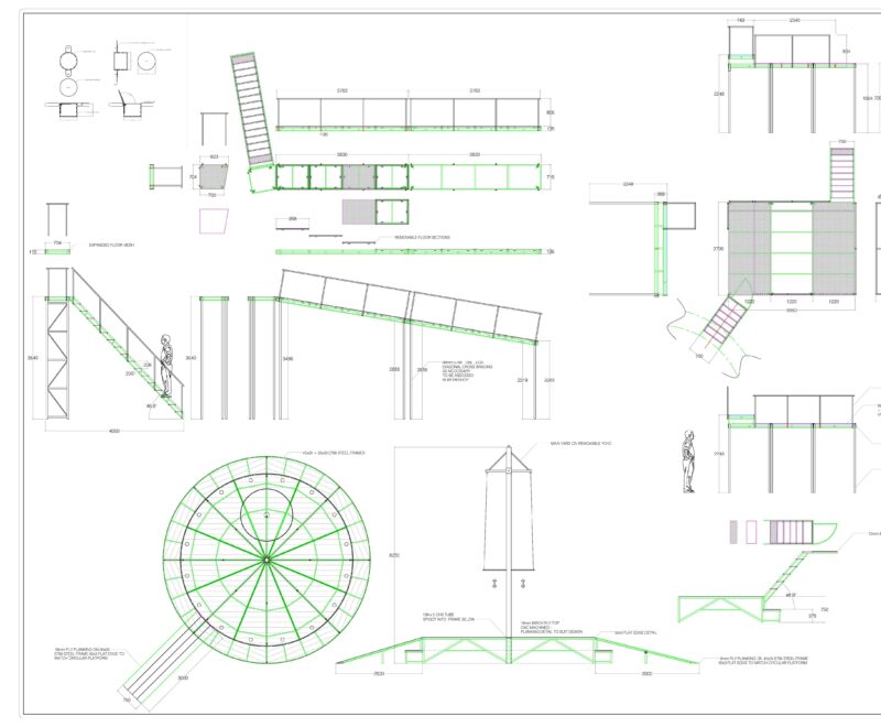Featured image for 'Tristan & Yseult – Construction Proposal'. Image is a white page of 2D drawings for props and stage settings to be used in the production. The drawings include items including a round stage, staircase, ladders and walkways. They are drawn with bright green and black lines with grey filling large areas of the designs.