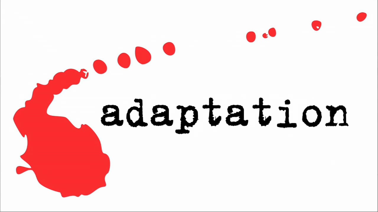 Graphic illustrating the word 'adaptation' with a trail of escalating ink blots.