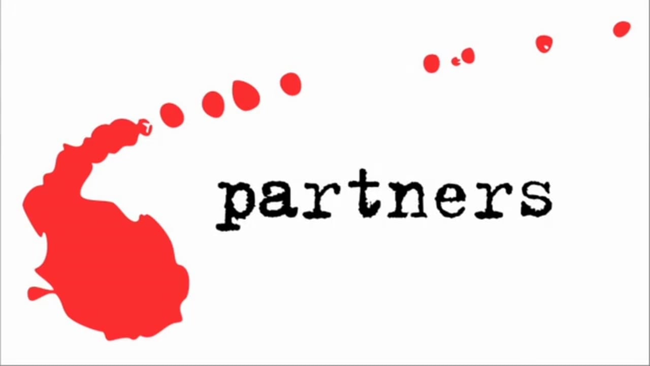 Red inkblot with a trail of droplets leading to the word 'partners' in black lowercase letters.
