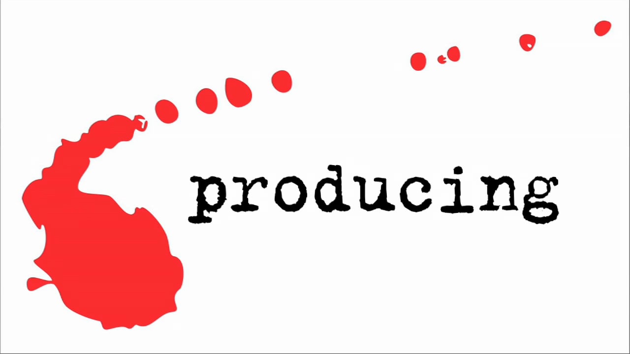 A stylized graphic showing a trail of red circles leading to a larger red inkblot with the word 'producing' written across in black lettering.