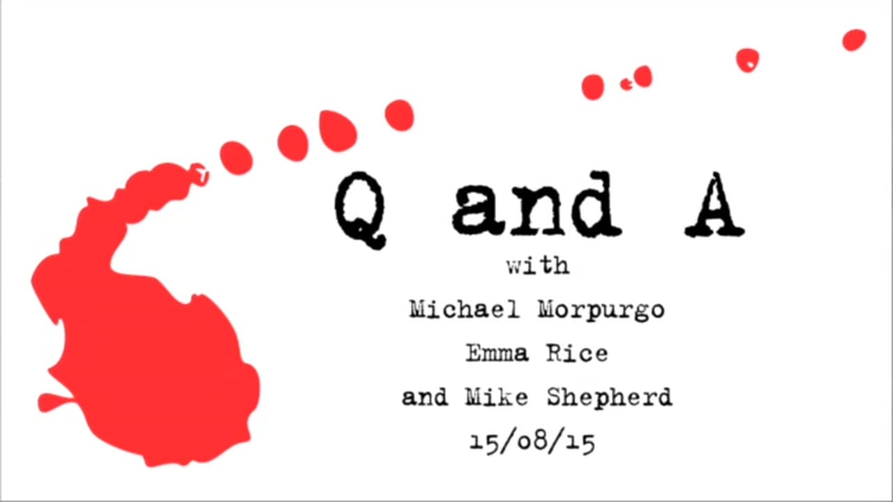 Q and a event with michael morpurgo, emma rice, and mike shepherd on august 15th featuring a splash of red ink.