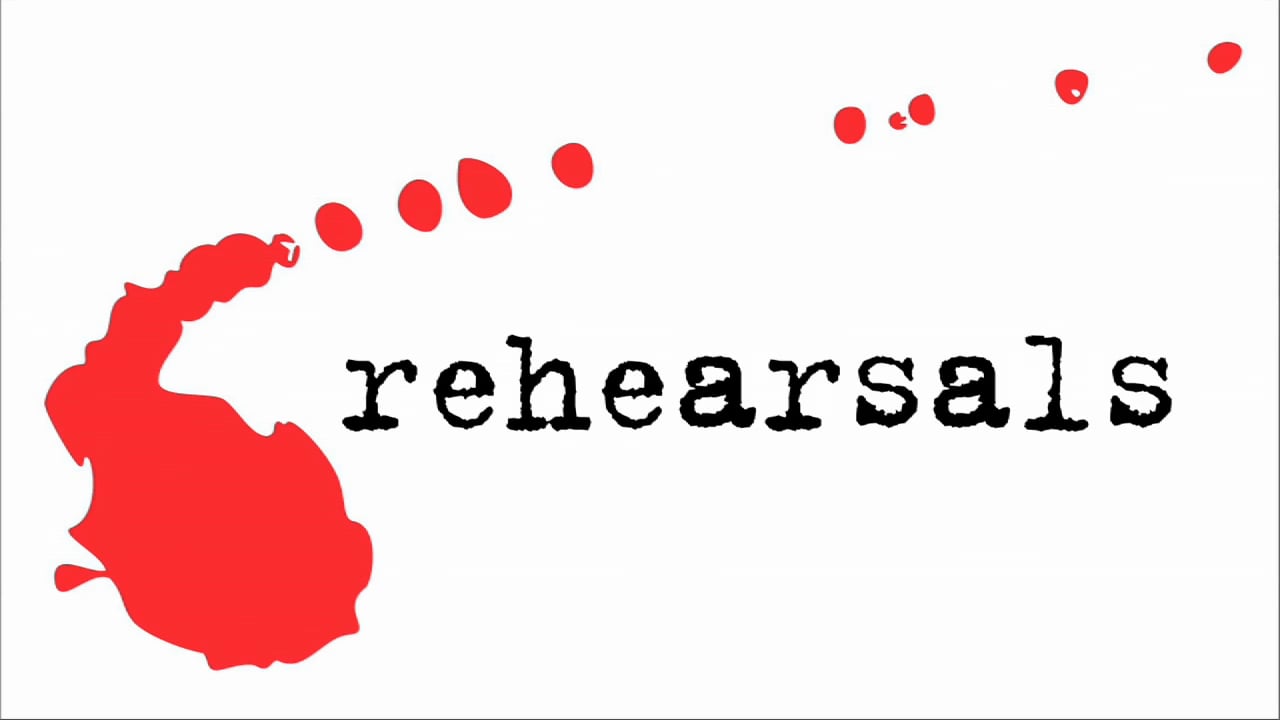 Abstract red blot and dots forming a trail above the word 'rehearsals' on a white background.