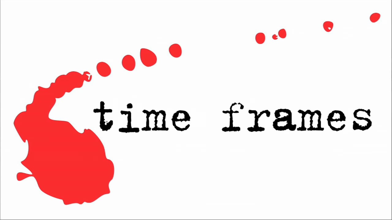 Abstract red ink blots decreasing in size next to the words 'time frames.