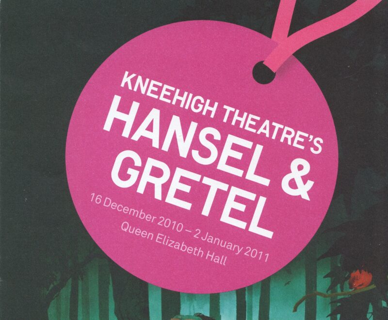 Promotional poster for kneehigh theatre's production of 'hansel & gretel' at the southbank centre, featuring a stylized illustration of the fairytale characters in a forest.