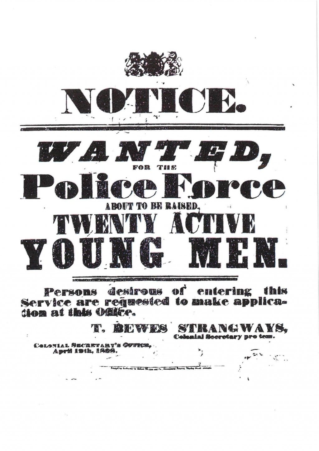 Fly poster for Dead Dog in a Suitcase. Text based police recruitment poster, consisting of black lettering on a white background. There is a black emblem top centre. A mixture of capital letters and lower case words are used, in various fonts. Approximately fourteen lines of text.