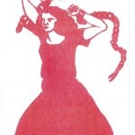 Fly poster for Dead Dog in a Suitcase. Design features a single image of a female figure, block printed style in red ink on a white background. She has her arms raised above her head. She has chains on both wrists, but looks as though she has just broken free as the chain is broken above her head. She has long, shoulder length hair, worn loose. She is wearing a dress but her legs and feet are not depicted. She has a fierce and determined expression on her face.