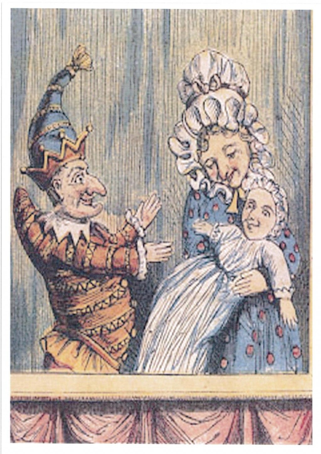 Fly poster for Dead Dog in a Suitcase. Vintage, Victorian style illustration depicting a man with a tall, blue jester style hat, with an ornate suit top. To his left, is a lady wearing a white, Victorian style bonnet and blue dress with red polka dots. She is holding a baby. The figures appear to be the puppet characters, Punch and Judy. Punch is holding out his arms towards Judy and the baby. All the characters are smiling. They appear to be in a puppet theatre, as there are red velvet curtain drapes to the bottom of the image.