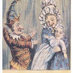 Fly poster for Dead Dog in a Suitcase. Vintage, Victorian style illustration depicting a man with a tall, blue jester style hat, with an ornate suit top. To his left, is a lady wearing a white, Victorian style bonnet and blue dress with red polka dots. She is holding a baby. The figures appear to be the puppet characters, Punch and Judy. Punch is holding out his arms towards Judy and the baby. All the characters are smiling. They appear to be in a puppet theatre, as there are red velvet curtain drapes to the bottom of the image.