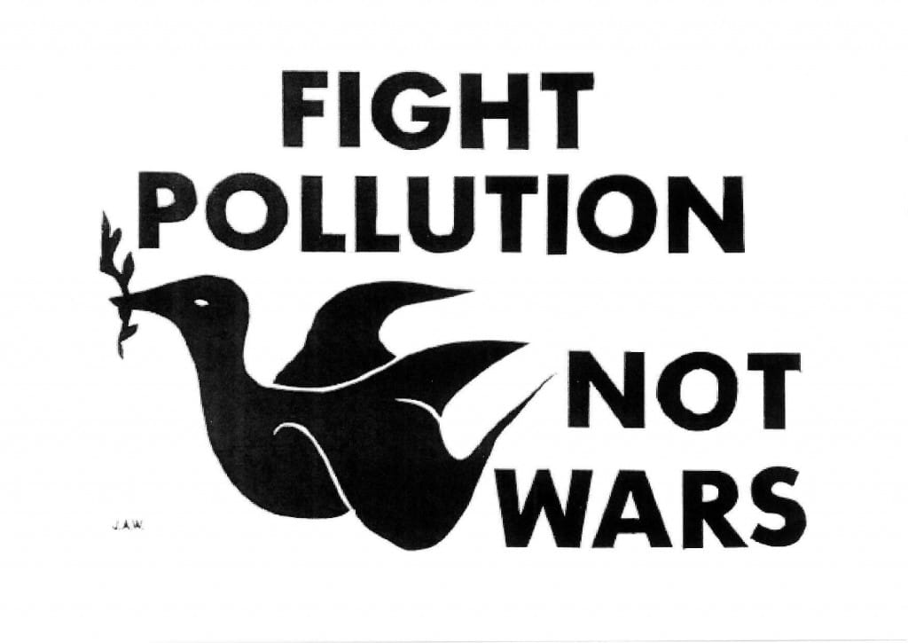 Fly poster for Dead Dog in a Suitcase. Features a black and white image. A black bird, which appears to be a dove, is holding a small branch in its mouth and facing to the left. Above the bird and to the right, are the words 'Fight pollution not wars' written in bold black font, all in capital letters on a white background.
