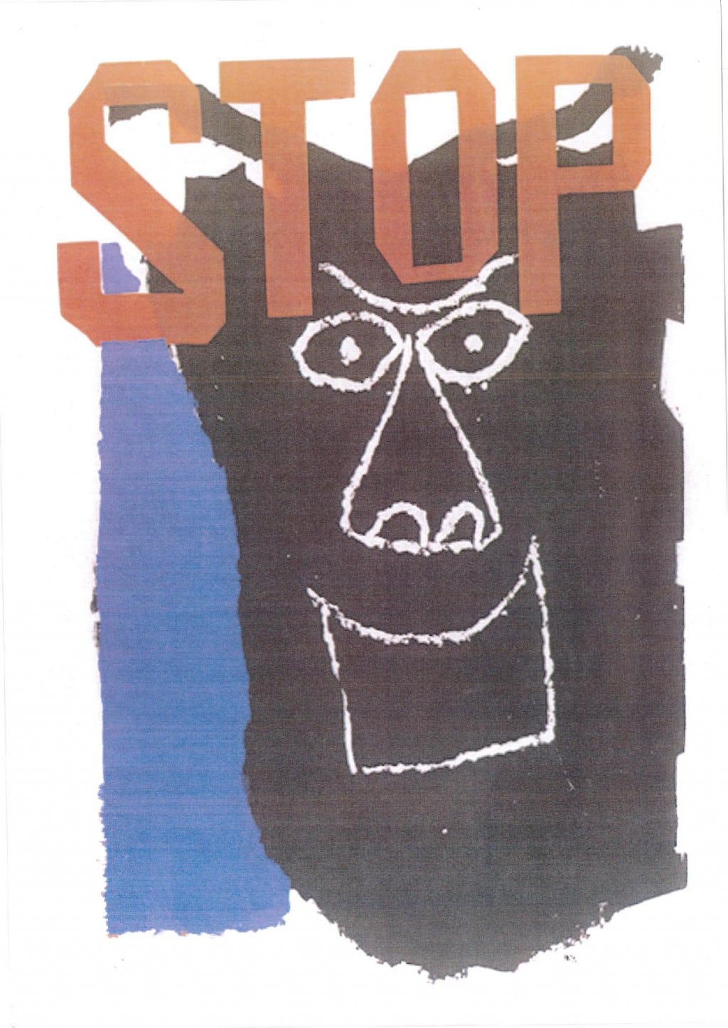 Fly poster for Dead Dog in a Suitcase. Design is in a bold, graphic style. There is an abstract black rectangular shape, which looks like it has horns, drawn on top of this in thin white lines is a face with a wide open mouth, possibly smiling. There is a vertical bold stripe of blue to the left of the shape and written across the top, partially over the top of the face, in bold red lettering is the word 'Stop' in large capital letters, of differing sizes.