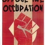 Fly poster for Dead Dog in a Suitcase. Design features a graphic style image of a clenched fist in the centre, in red ink. The background consists of three bold, vertical stripes in red and beige. In black lettering along the top reads 'Oppose the opposition' in capital letters.