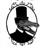 Fly poster for Dead Dog in a Suitcase. Black and white image. In the centre there is a Victorian style silhouette drawn in black ink depicting the head of a crocodile with a wide open mouth and lots of sharp teeth, wearing a smart top hat and suit jacket. Contained within an ornate, oval frame drawn in black ink. Above and below the figure are the words 'Vote Peachum', written in black ink, in a hand written style.
