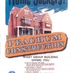 Fly poster for Dead Dog in a Suitcase. Illustration of a large detached house. With text above on a blue background. There is further text underneath the house illustration. The image is in the style of a property advert and the words 'Peachum Construction' are shown on a large brown sign positioned in front of the house.