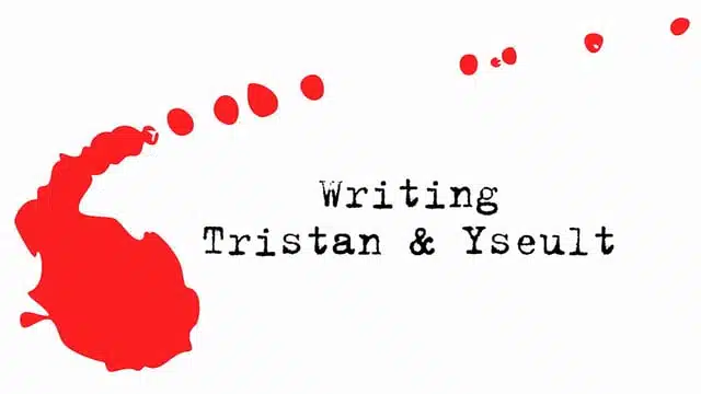 Ink blot and splatters beside the text 'writing tristan & yseult.