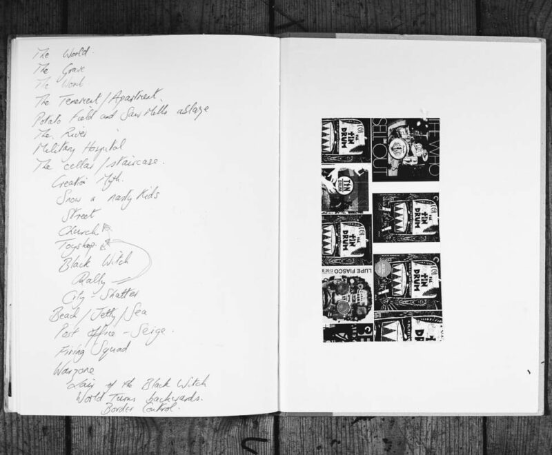 An open notebook with handwritten notes on the left page and a collage of black and white images on the right page.