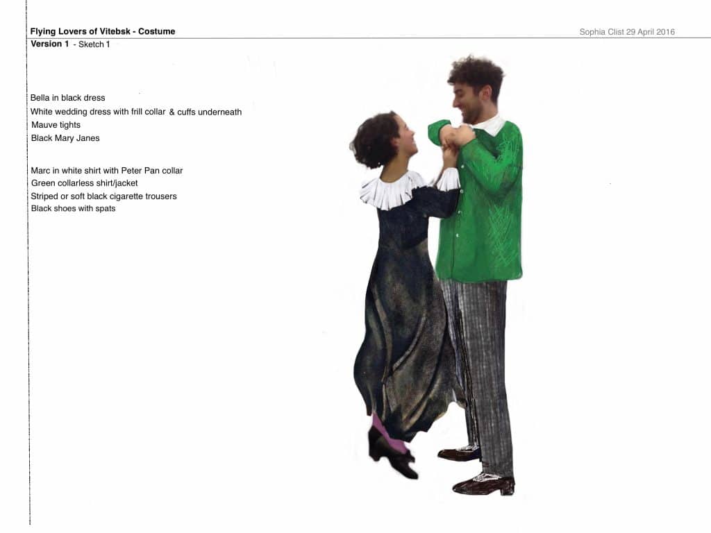 Costume design for The Flying Lovers of Vitebsk. A male and female figure face each other. Male figure is wearing a green shirt with white collar and grey trousers. The female figure wears a black dress with a white collar and cuffs with mauve stockings and black shoes.