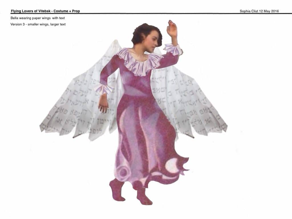 Costume design image for The Flying Lovers of Vitebsk. Female figure in long mauve coloured dress. White paper wings covered in Hebrew text and serrated along Bottom edge.