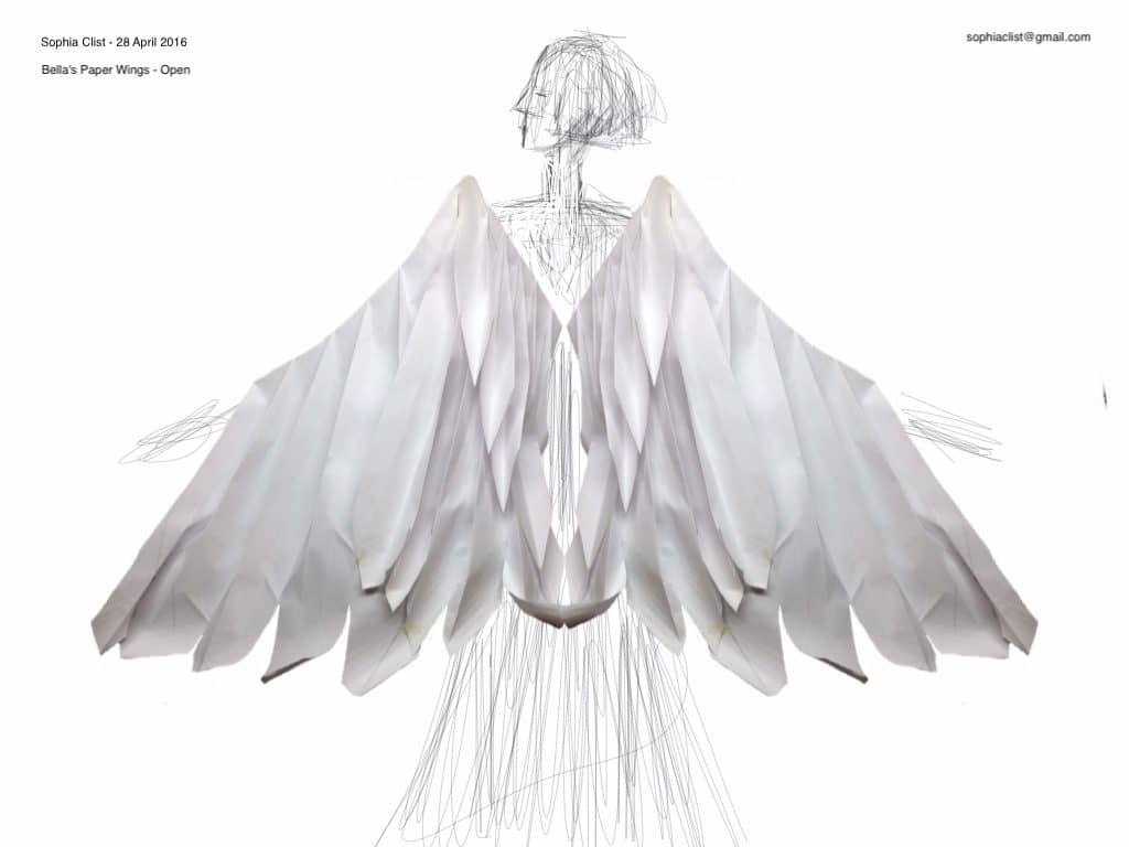 An illustrated drawing of white paper wings as part of a costume design. The wings have been superimposed on a pencil sketch of a tall simple figure. This is positioned on a plain white background