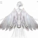 An illustrated drawing of white paper wings as part of a costume design. The wings have been superimposed on a pencil sketch of a tall simple figure. This is positioned on a plain white background
