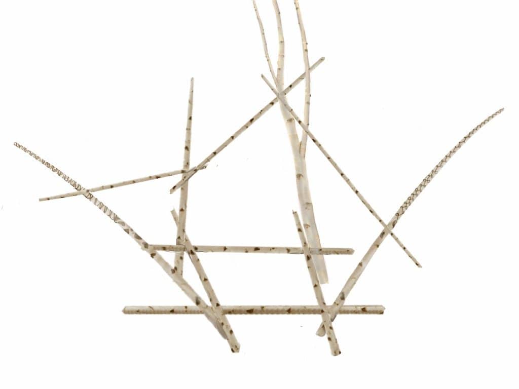 A design of a simple wooden prop on birch twigs set against a plain white background.