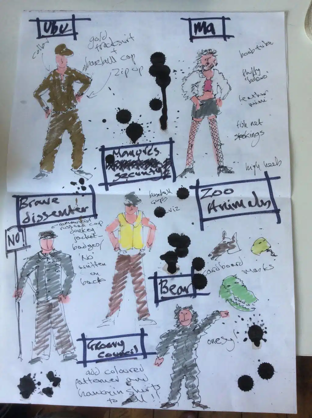 Photograph of costume sketches from Kneehigh's Ubu. Featuring a page of early costume design sketches, coloured with pen, ink and some watercolours. Some black ink splashes on page.