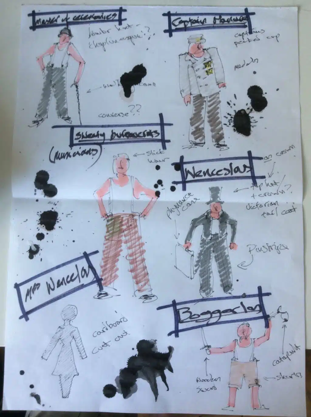 Photograph from Kneehigh's Ubu. Featuring a page of early costume design sketches, coloured with pen, ink and some watercolours. Some black ink splashes on page.
