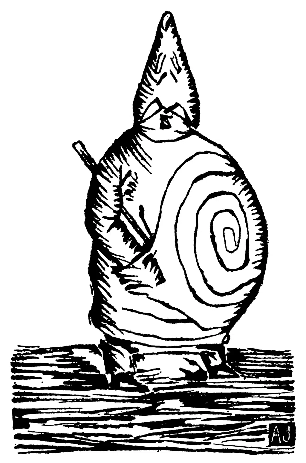 Woodcut print in black line portrait of Monsieur Ubu who is a hooded, rounded figure, holding a stick under his arm.