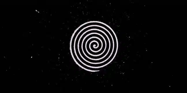 White Line spiral on a black background with light white dots.