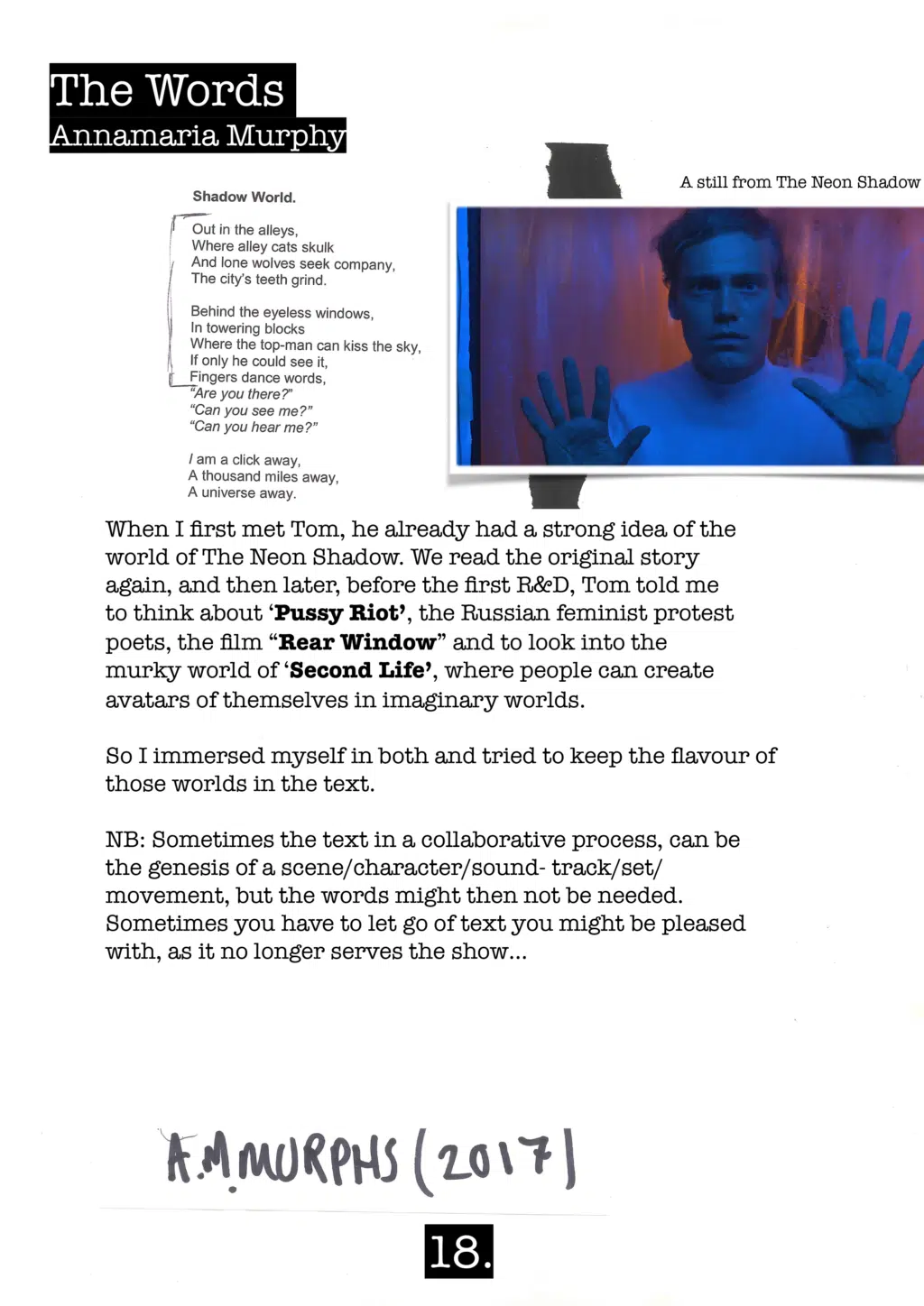 Shadow kit exercise, The Words page. Text box of written text with photo still of a headshot from The Neon Shadow.