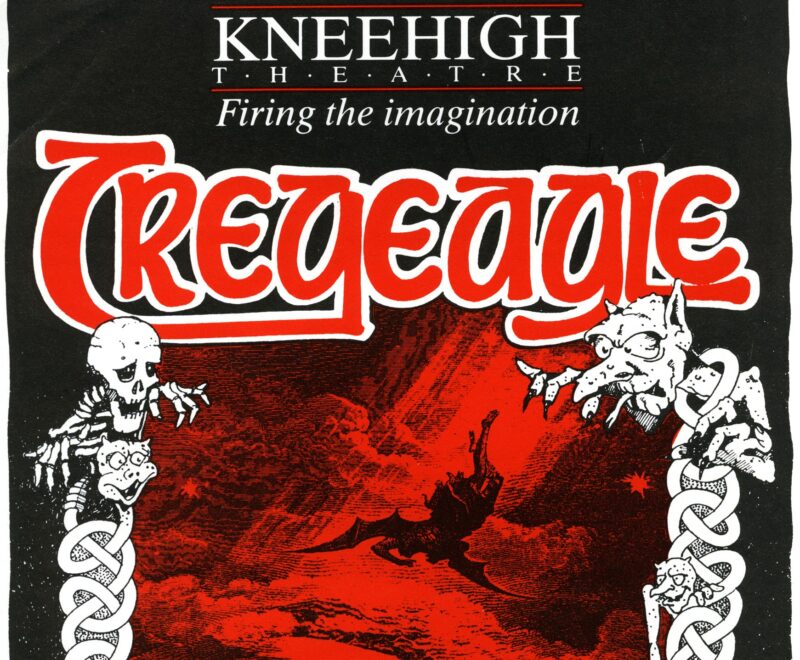 Poster for Kneehigh's Tregeagle. Design features demonic imagery with a black, red and white illustrative style. Details of performances at the Minack Theatre are included at base of image.