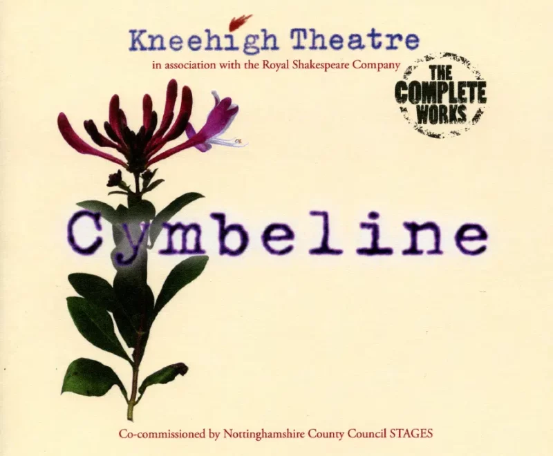 Featured image for the Cymbeline programme. The image features the 'Kneehigh Theatre' logo in a bright blue font and 'in association with the Royal Shakespeare Company' in smaller red font. There is a large illustration of a blooming flower on the left of the image which is positioned behind the title 'Cymbeline' in a large purple font. There is a plain beige backdrop.