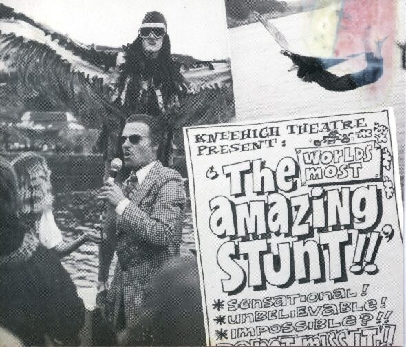 Scrapbook page relating to a kneehigh production from 1980. The right of the image shows two men on a harbour talking to audience members: one is an a check blazer, sunglasses, with slicked-back chair and holding a microphone. The other man is dressed as an eagle, with 'wings' raised about to take flight. Top right shows an image of said man in flight. Bottom left features a hand drawn flyer for the show.