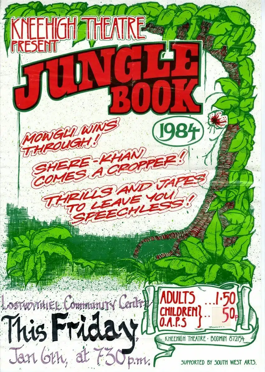Hand illustrated poster for a production of Jungle Book, 1984.Red text incased by a green creeping tree. Shows prices of Adults 1.50 Children/OAPS 50p